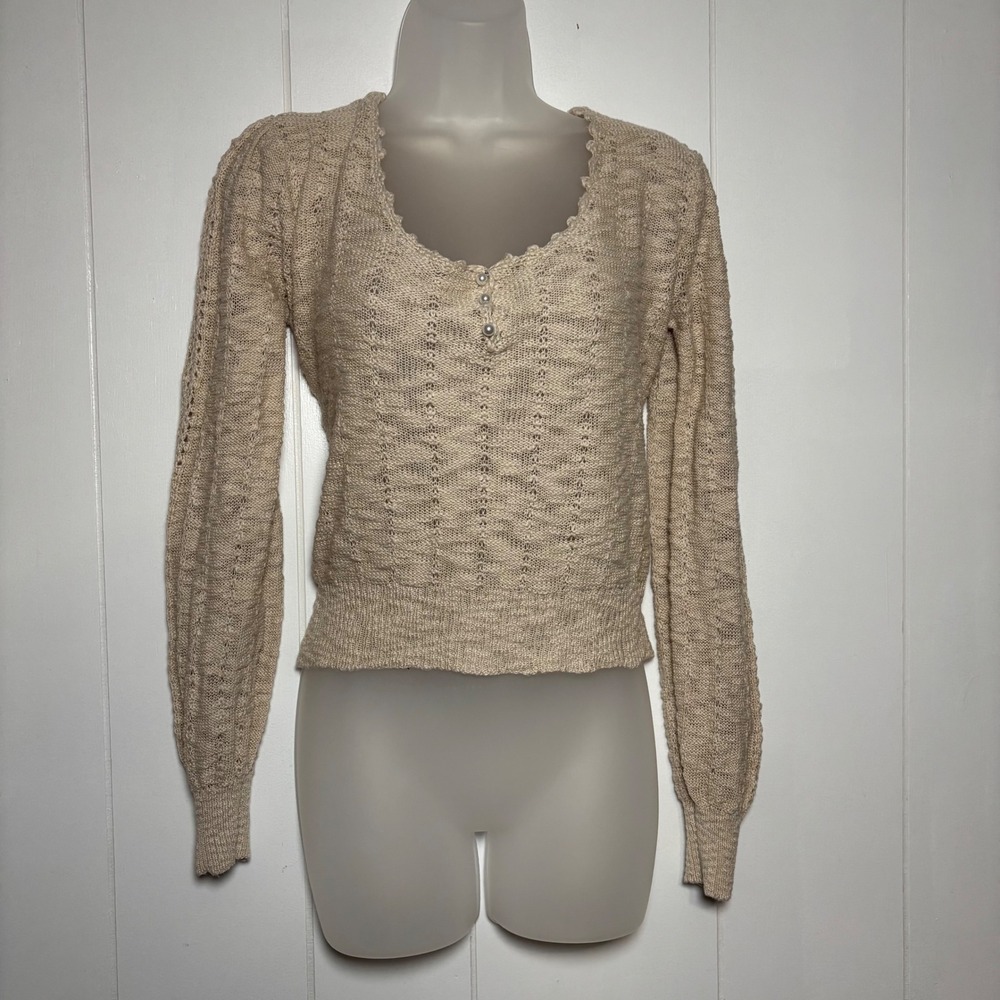 Saltwater Luxe Beige Pointelle Knit Pearl Button Sweater Sz M Coastal Cottage